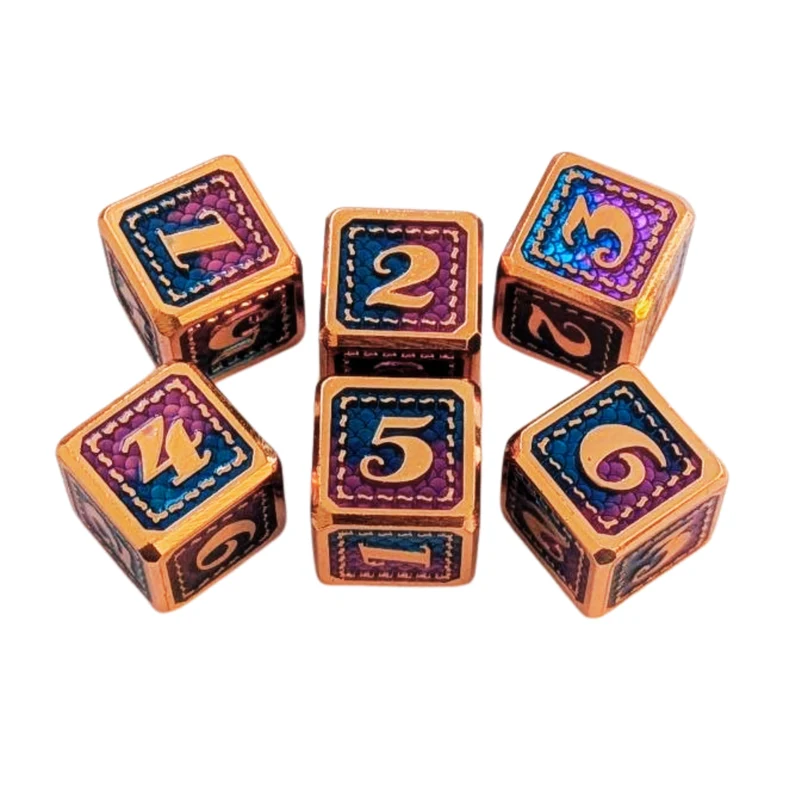 Metall W6 Würfelset "Dragon Scale" | Roségold Blau-Lila | 6-teilig (16 mm)