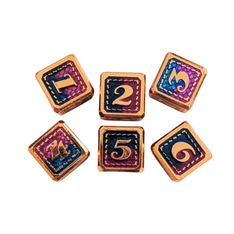 Metall W6 Würfelset "Dragon Scale" | Roségold Blau-Lila | 6-teilig (16 mm)