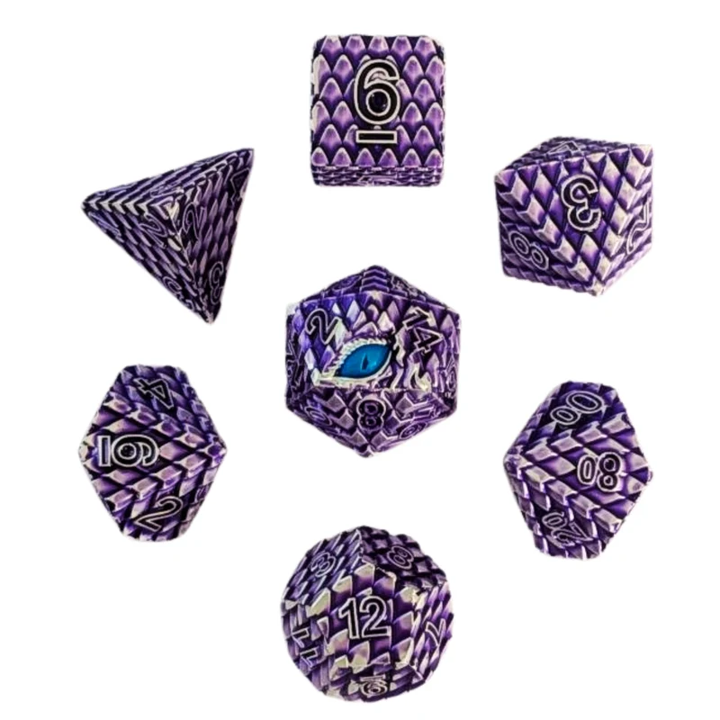 Dragon Scale Metallwürfel Set Lila – 7-teiliges RPG Würfelset mit Drachenauge