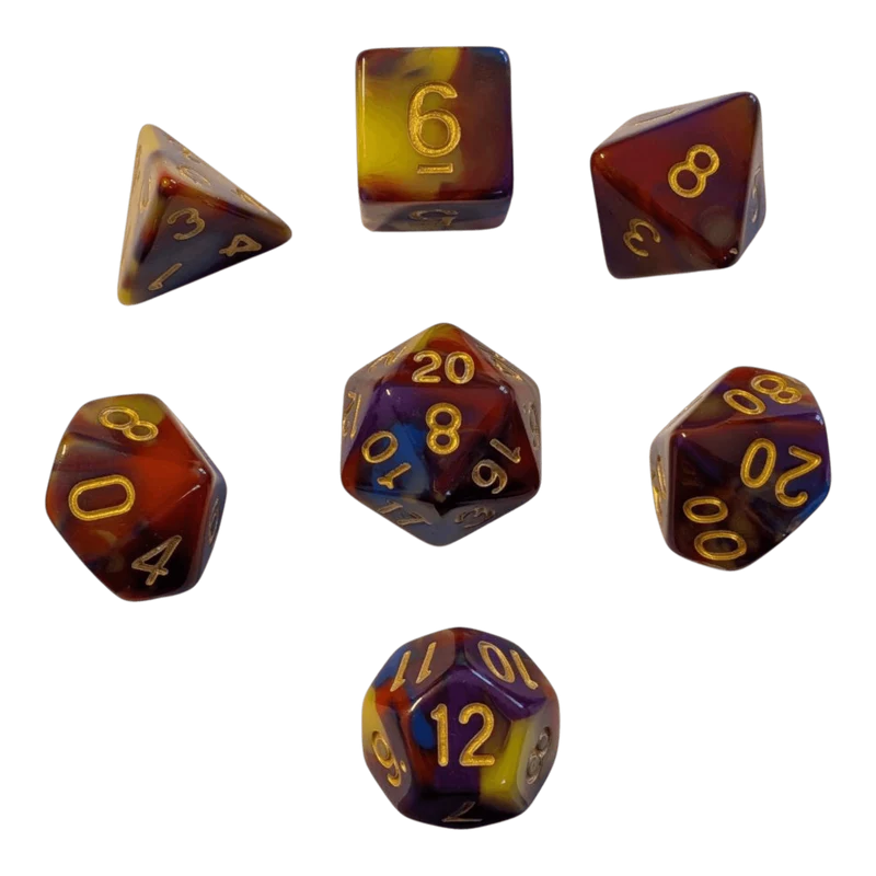 Marmoriertes Multicolor Würfelset – Goldene Zahlen (7er Set)
