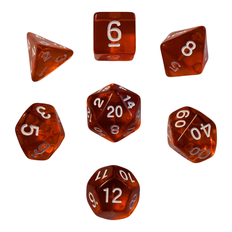 Transparentes Würfelset – Orange/Rot (7er Set)