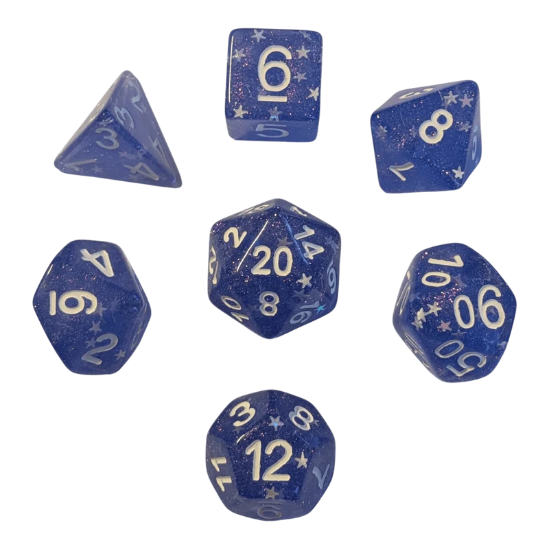 Blue Sky Würfelset – Glitzer-Transparent mit Sternen (7er Set)
