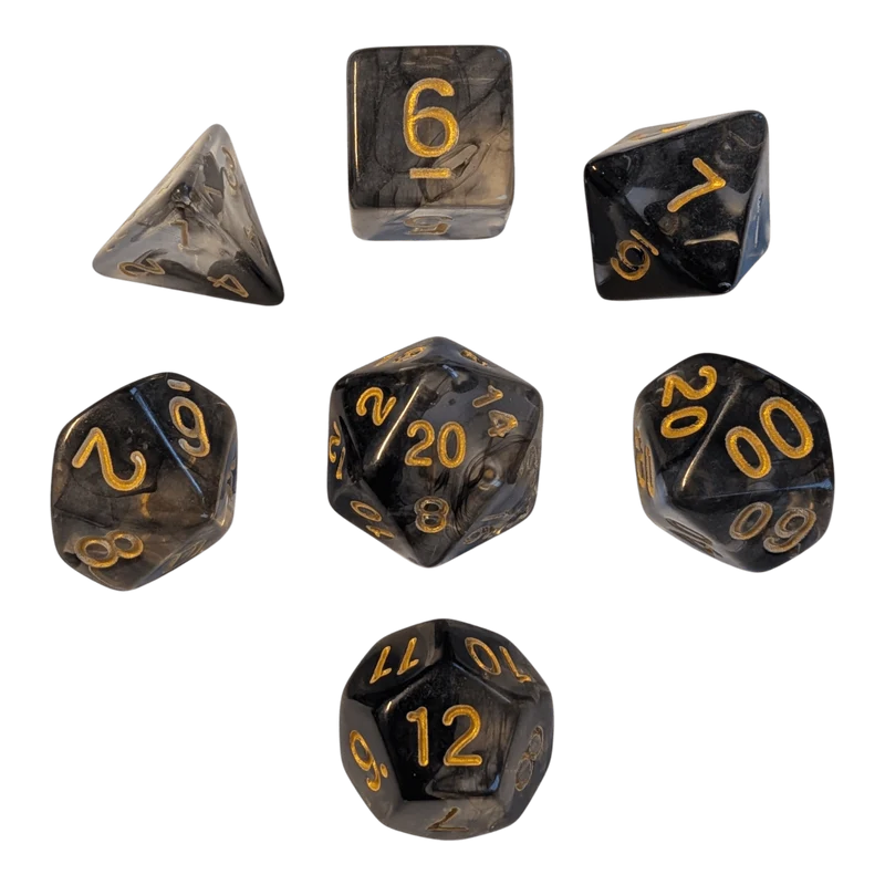 Nebula Dark Cloud Dice Set - Transparentes 7er Set Schwarz/Gold