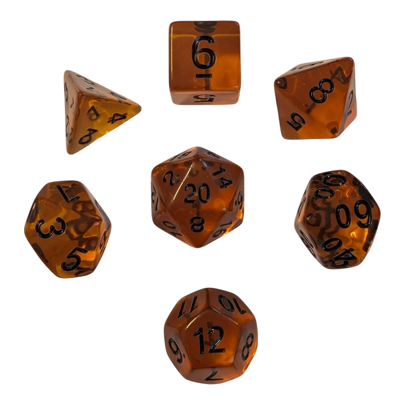 Translucent Honey/Black – Honigfarbenes Würfelset mit schwarzen Zahlen (7er Set)