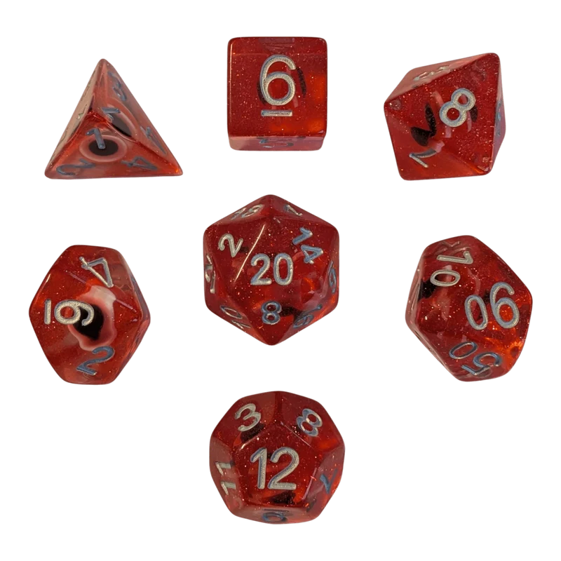 Glitzer Augapfel Würfelset – Rot/Transparent (7er Set)