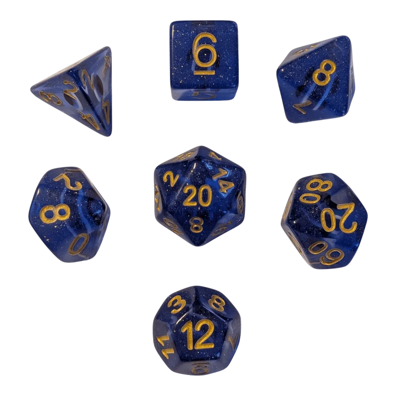 Glitzer Augapfel Würfelset – Blau/Transparent (7er Set)