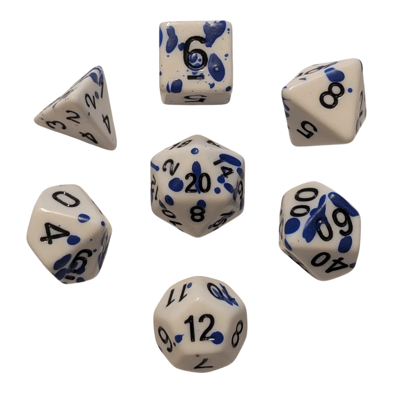 Speckled Dice (Blau/Weiß) mit Splatter-Effekt / Spritz-Effekt 7er Set