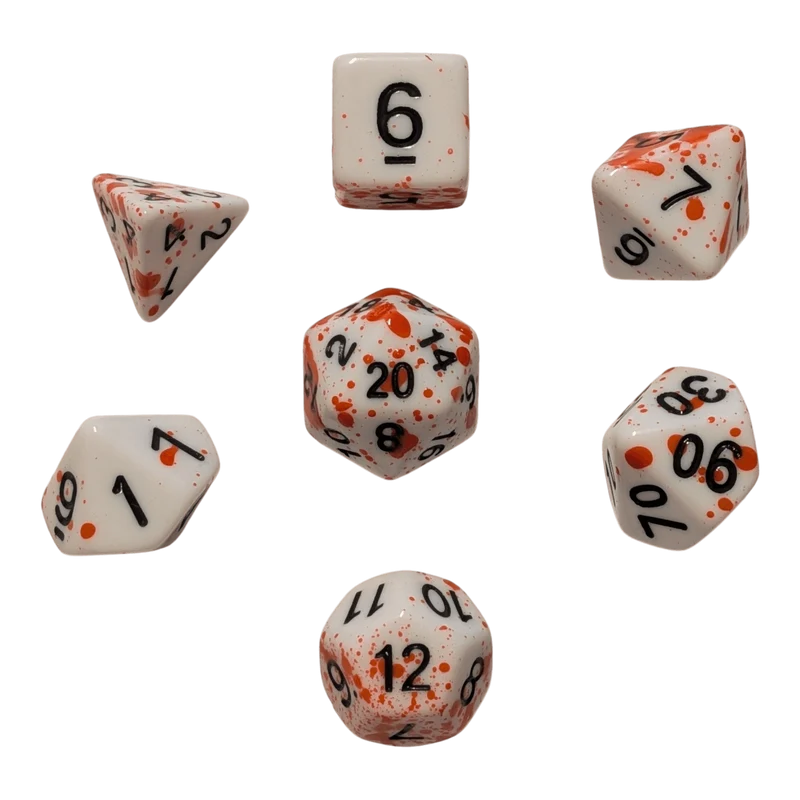 Blutstropfen Würfelset – Weiß/Rot mit Flecken (7er Set)