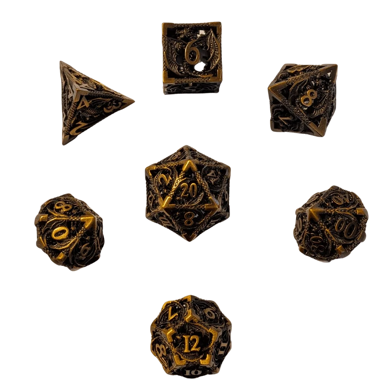 Metallwürfel mit fliegenden Drachen - Antikes Gold/Ancient Gold - 18mm Set