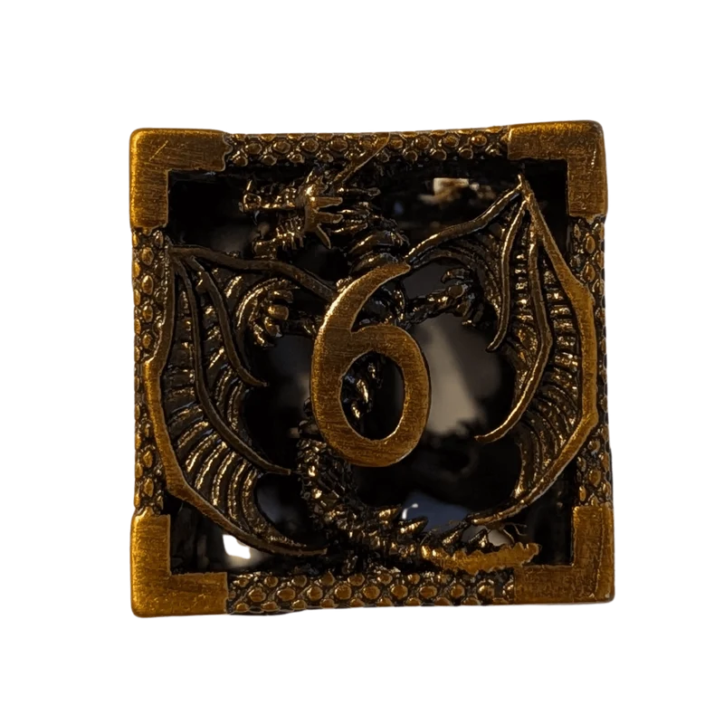 Metallwürfel mit fliegenden Drachen - Antikes Gold/Ancient Gold - 18mm Set