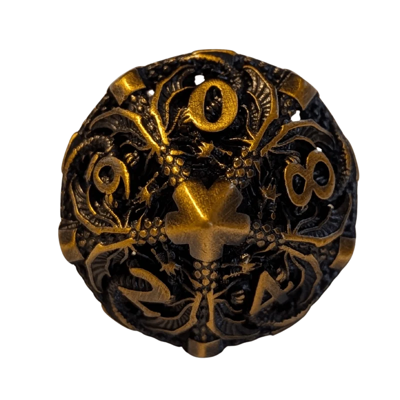 Metallwürfel mit fliegenden Drachen - Antikes Gold/Ancient Gold - 18mm Set