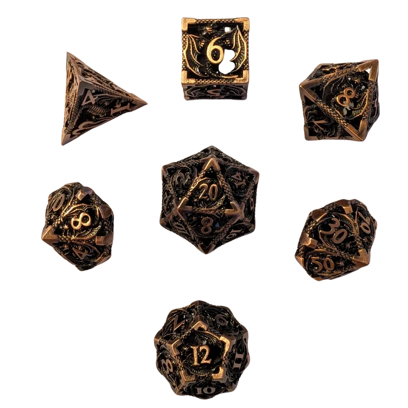 Metallwürfel mit fliegenden Drachen - Kupferfarben 18mm Set