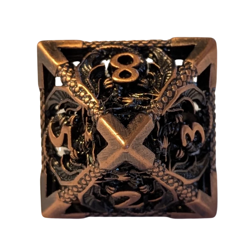 Metallwürfel mit fliegenden Drachen - Kupferfarben 18mm Set