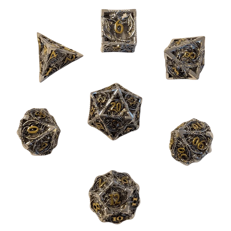 Metallwürfel mit fliegenden Drachen - Silber/Gold - 18mm Set