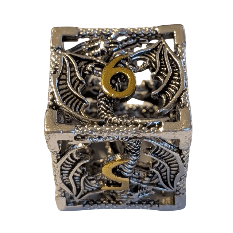 Metallwürfel mit fliegenden Drachen - Silber/Gold - 18mm Set