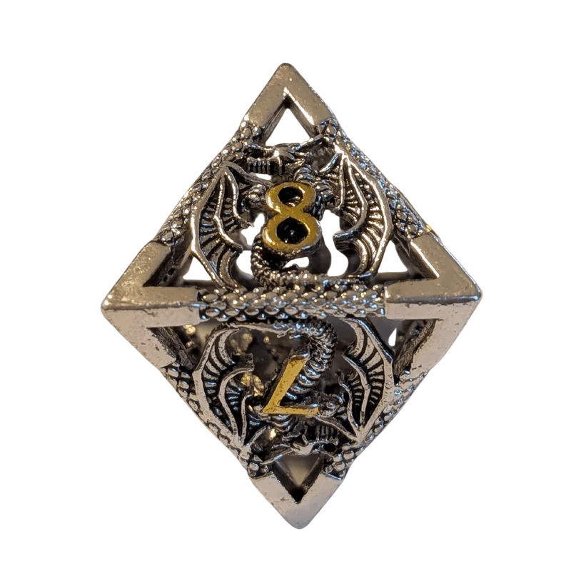 Metallwürfel mit fliegenden Drachen - Silber/Gold - 18mm Set