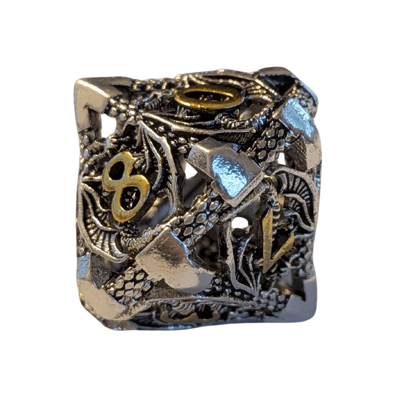 Metallwürfel mit fliegenden Drachen - Silber/Gold - 18mm Set