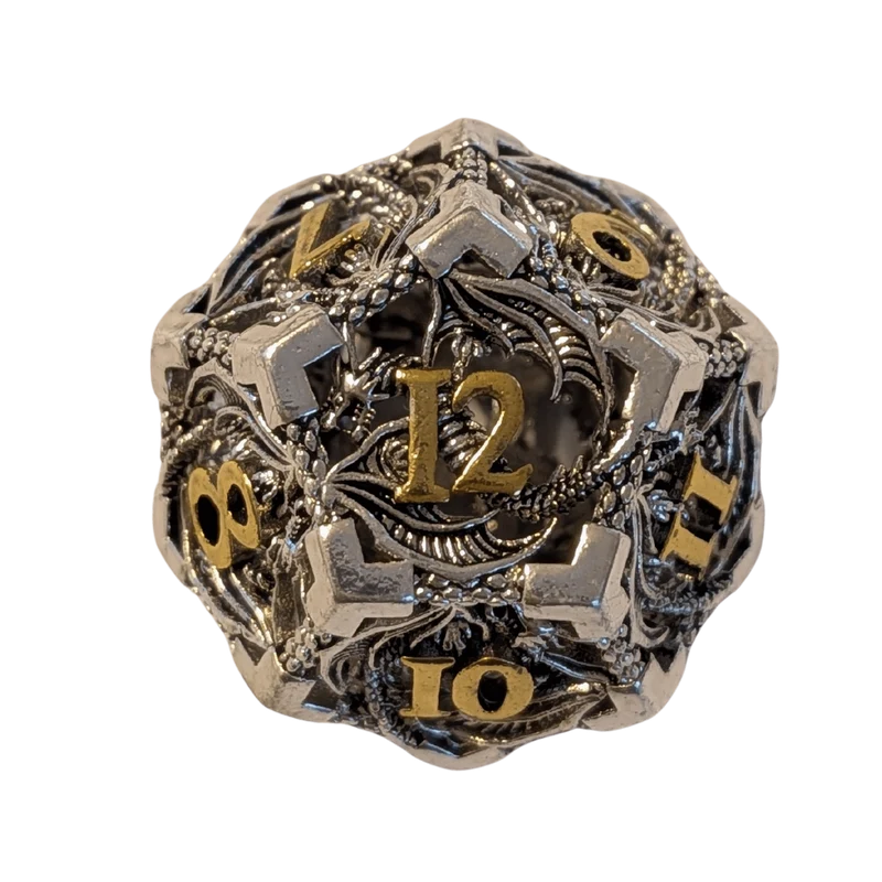 Metallwürfel mit fliegenden Drachen - Silber/Gold - 18mm Set