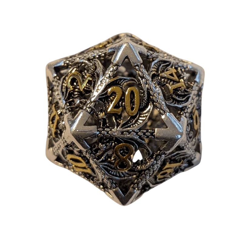 Metallwürfel mit fliegenden Drachen - Silber/Gold - 18mm Set