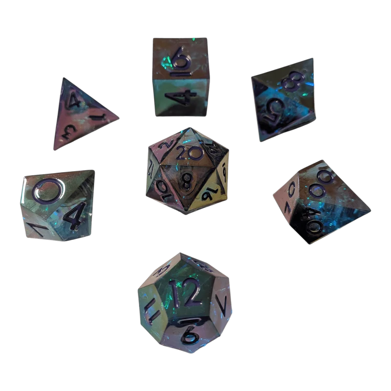 Schimmernde Würfel – Grün/Türkis/Lila 7er Set (18 mm)