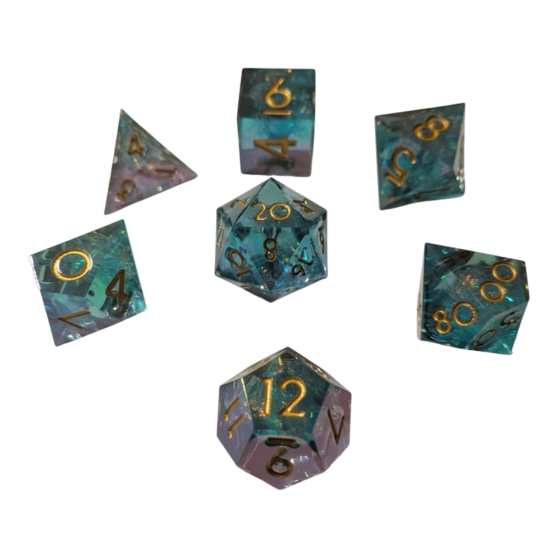 Schimmernde Würfel – Türkis/Lila/Gold 7er Set (18 mm)