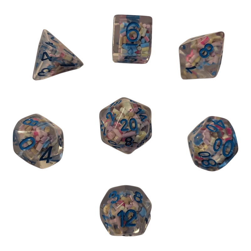 Konfetti/Sprinkle Dice – Pastellfarben (transparent & bunt) 7er Set