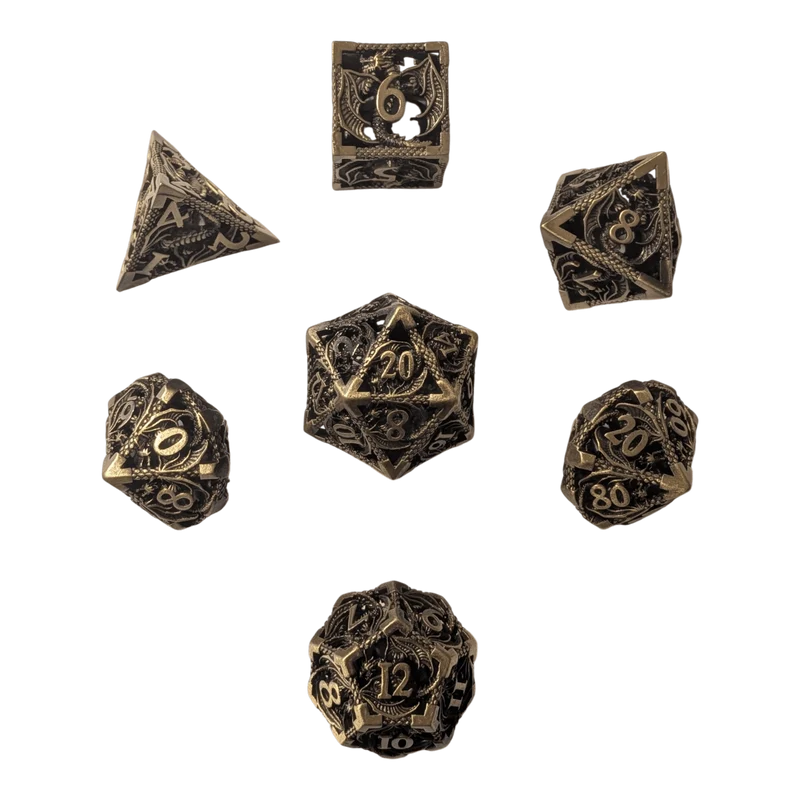 Metallwürfel mit fliegenden Drachen - Antik Bronze - 18mm Set