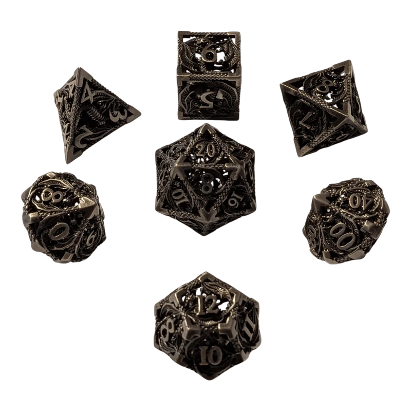 Metallwürfel mit fliegenden Drachen - Antik Silber - 18mm Set