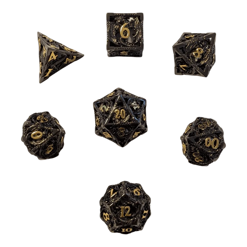 Metallwürfel mit fliegenden Drachen - Schwarz/Gold - 18mm Set