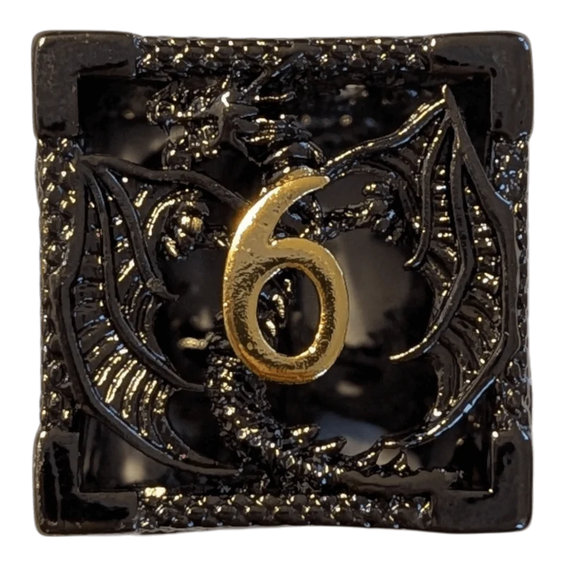 Metallwürfel mit fliegenden Drachen - Schwarz/Gold - 18mm Set