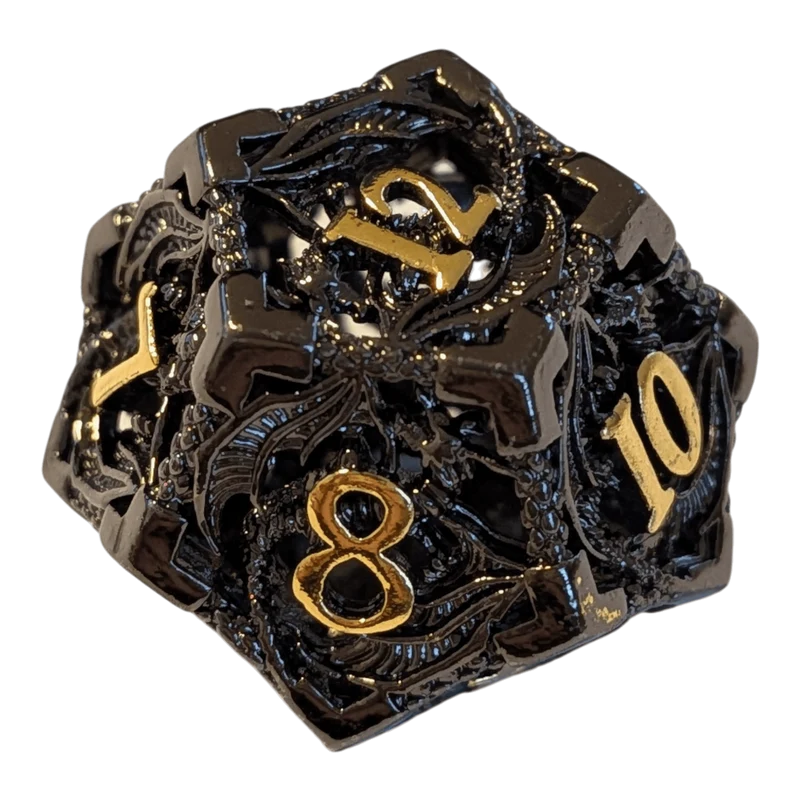 Metallwürfel mit fliegenden Drachen - Schwarz/Gold - 18mm Set