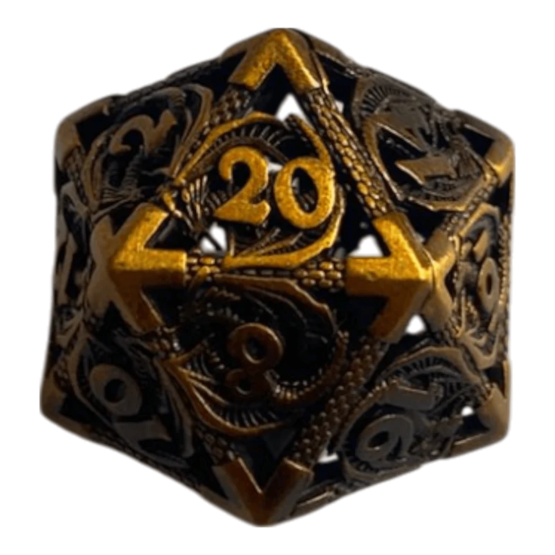 W20 Metallwürfel mit fliegenden Drachen - Gold - 18mm