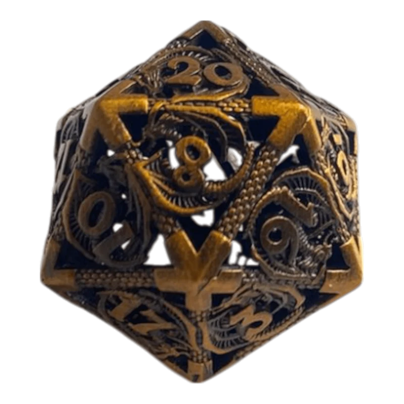 W20 Metallwürfel mit fliegenden Drachen - Gold - 18mm