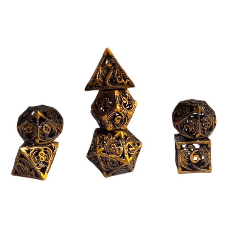 Metallwürfel mit fliegenden Drachen - Gold - 18mm Set