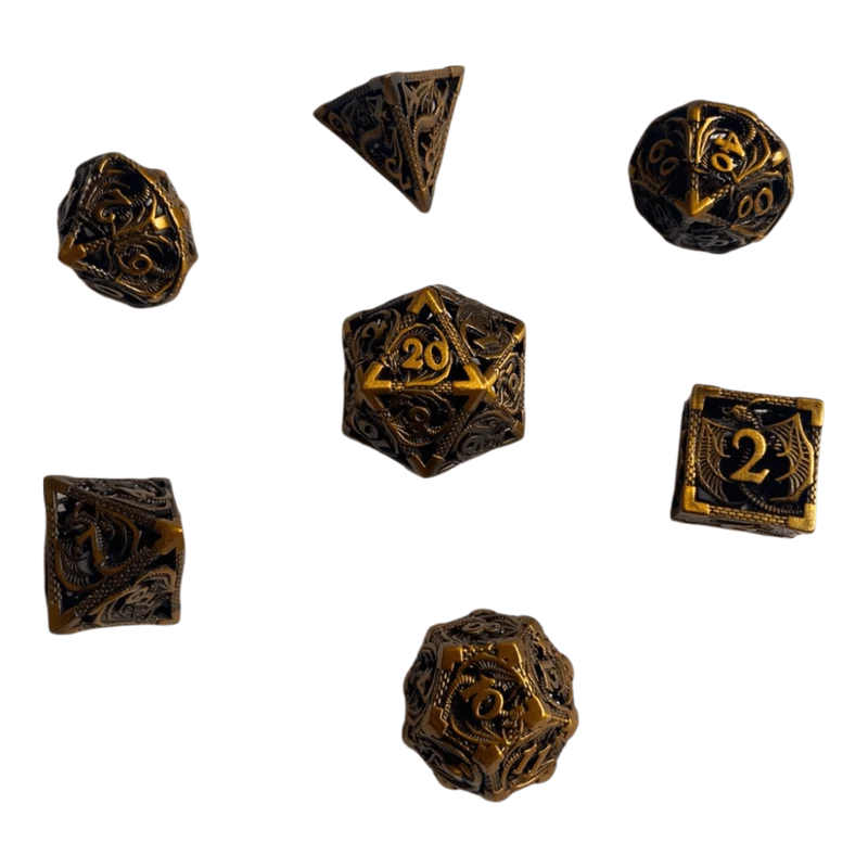 Metallwürfel mit fliegenden Drachen - Gold - 18mm Set