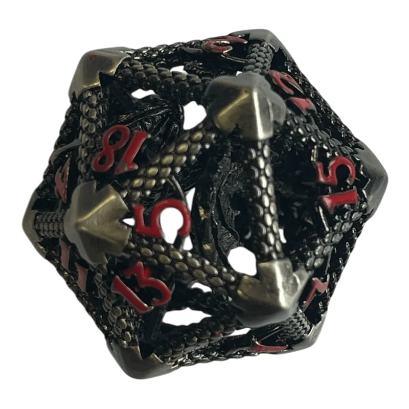 W20 Drachenwürfel (Nickel mit roten Nummern) - 18mm