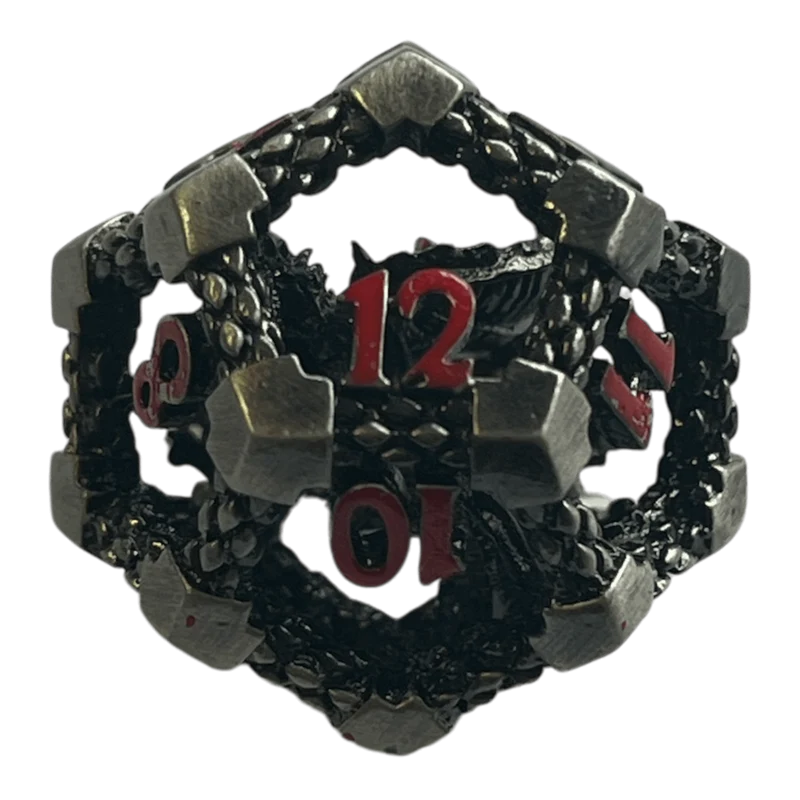 W12 Drachenwürfel (Nickel mit roten Nummern) - 18mm