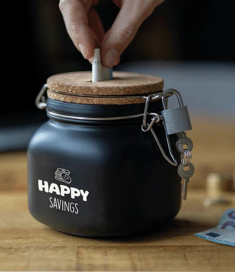 Schwarze Spardose Happy Savings 12,5cm