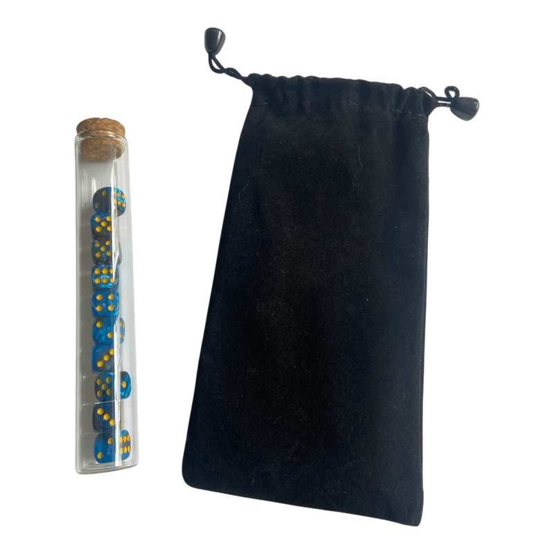 12mm Würfel Blau/Schwarz Marmoriert mit Punkten aus Glasflasche + Aufbewahrungsbeutel