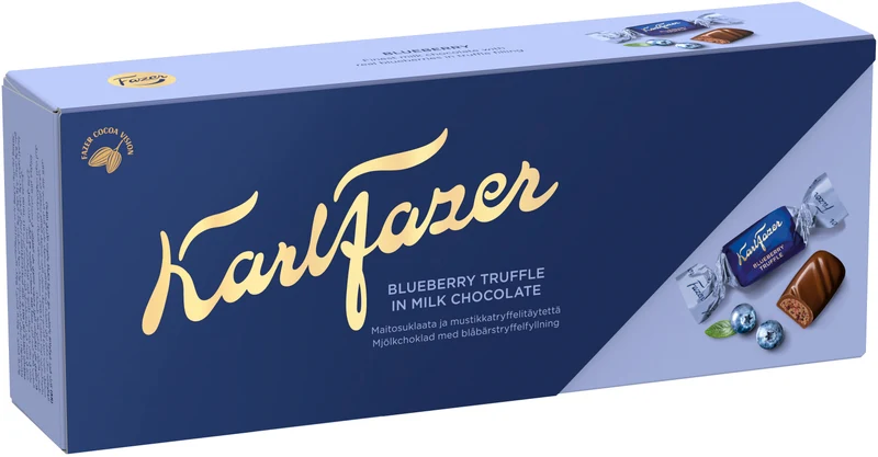 Karl Fazer mustikkatryffelitäytteisiä maitosuklaakonvehteja 250g