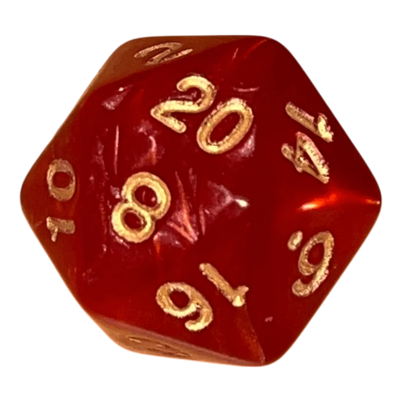 Perlmutt Würfel W20 Rot mit goldenen Zahlen