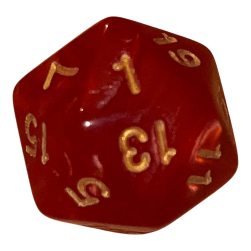 Perlmutt Würfel W20 Rot mit goldenen Zahlen