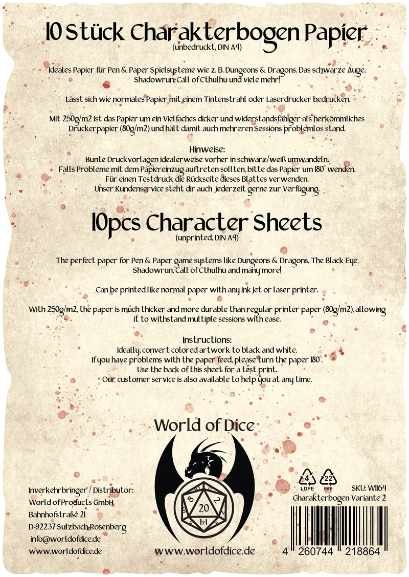 Charakterbogen Papier