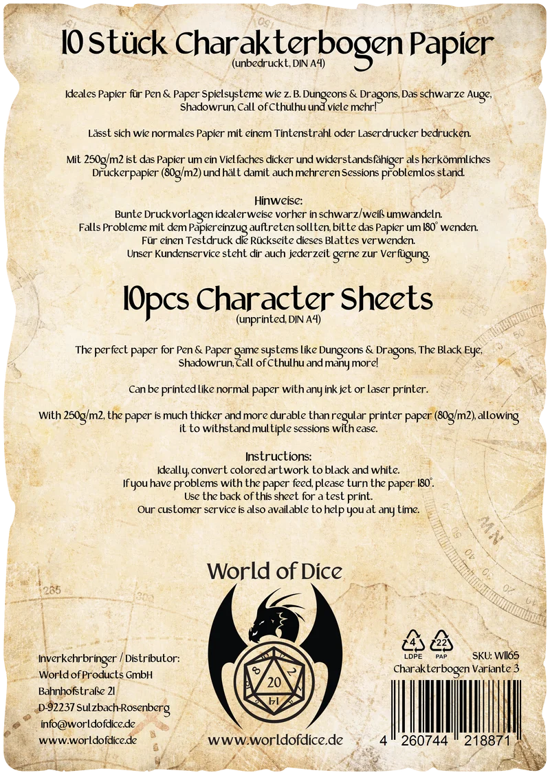 Charakterbogen Papier