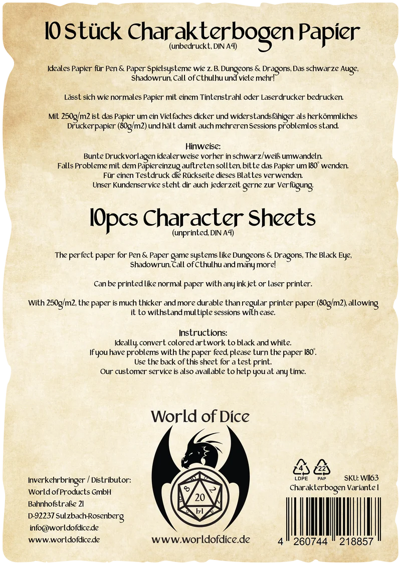 Charakterbogen Papier