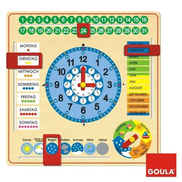 Goula Holz-Kalender-Uhr – Pädagogische Lernuhr aus Holz