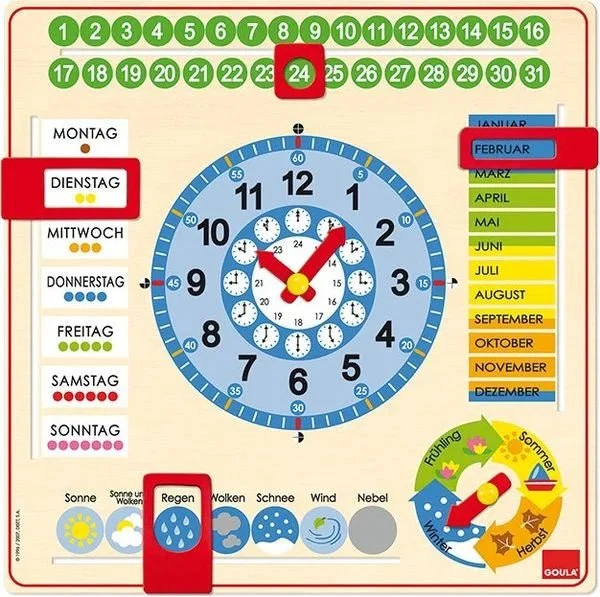 Goula Holz-Kalender-Uhr – Pädagogische Lernuhr aus Holz