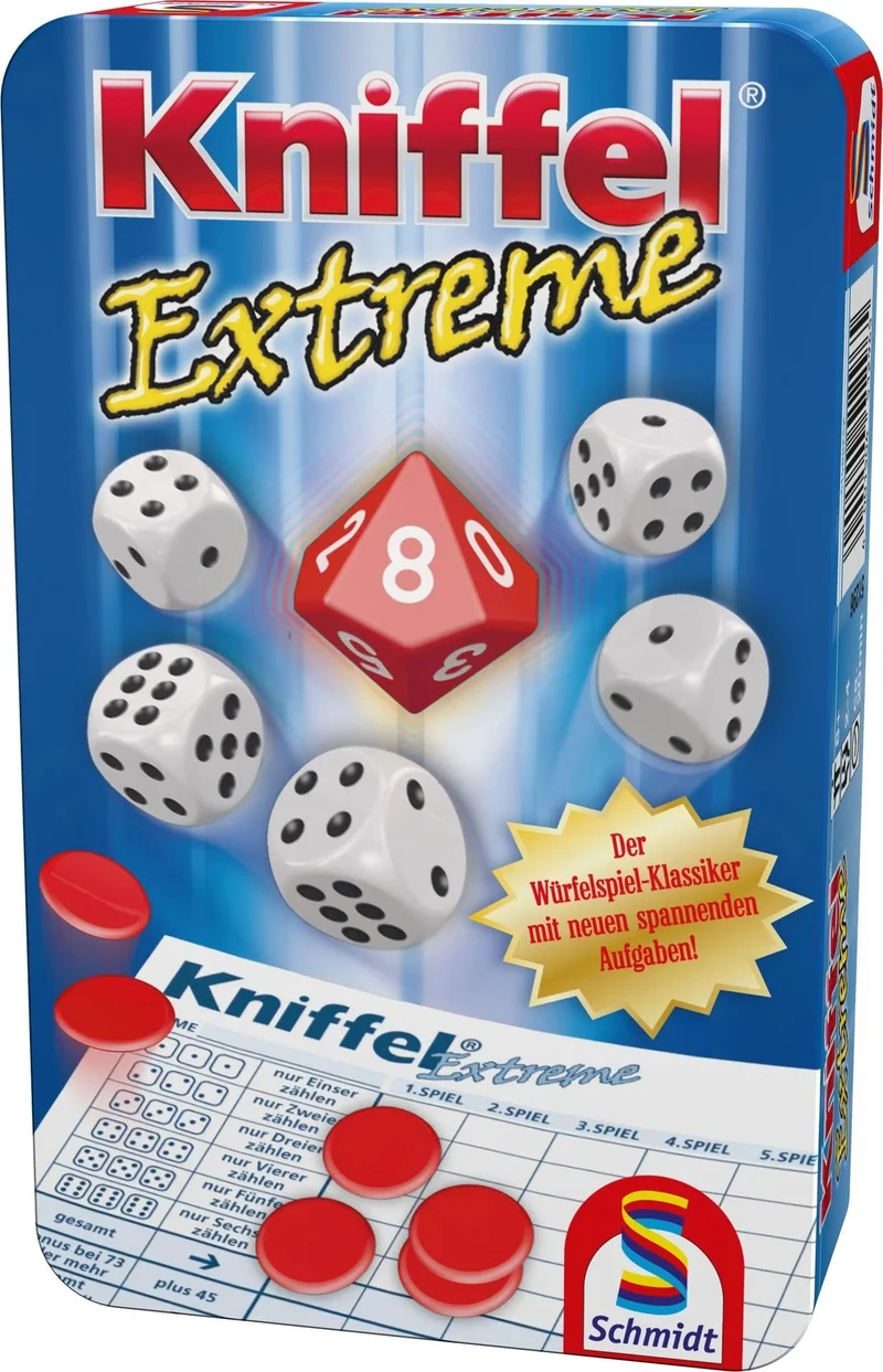 Kniffel: Extreme, Reisespiel in der Metalldose