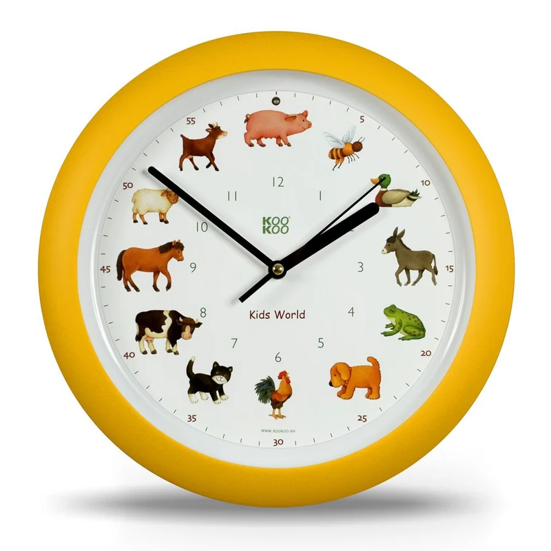 Kinderzimmer Wanduhr - Tiere vom Land gelb