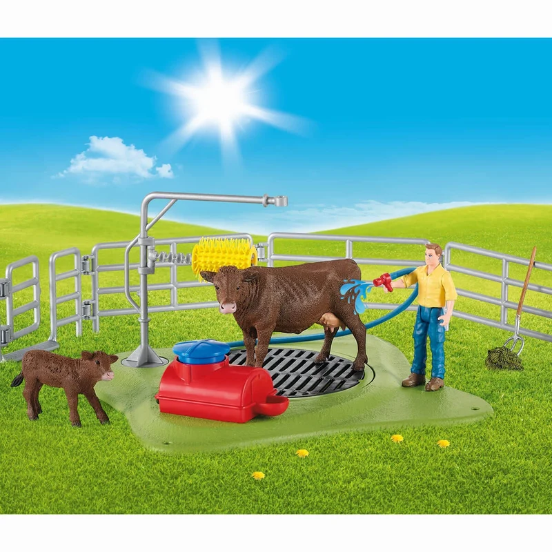 Kuh Waschstation – Schleich Farm World Spielset mit Drehscheibe und Massagebürste